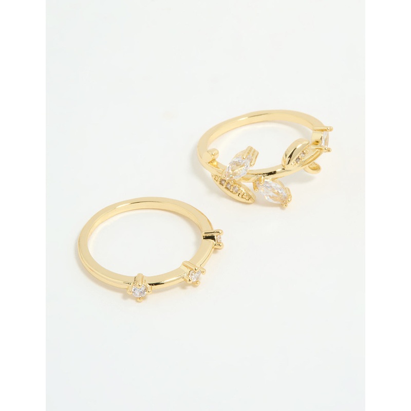 Gold Plated Cubic Zirconia Leafy Station Rings 3-Pack