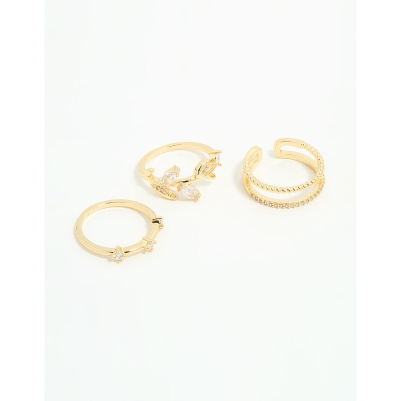 Gold Plated Cubic Zirconia Leafy Station Rings 3-Pack