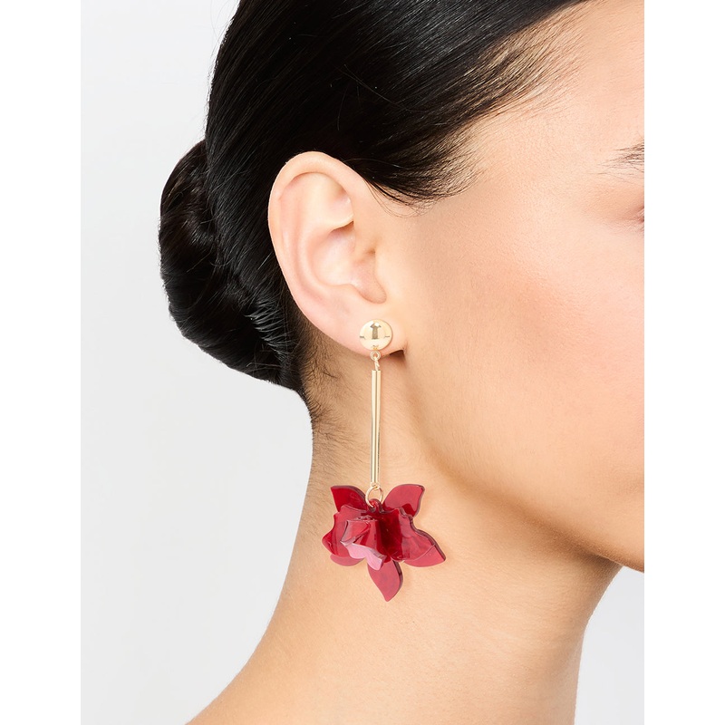 Gold Red Acrylic Orchid & Chain Drop Earrings