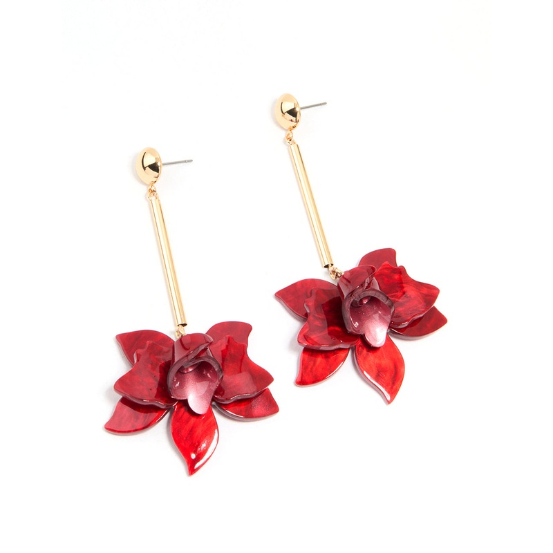 Gold Red Acrylic Orchid & Chain Drop Earrings