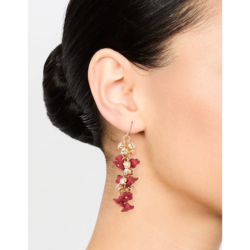 Gold Red Flowers Chain Drop Earrings