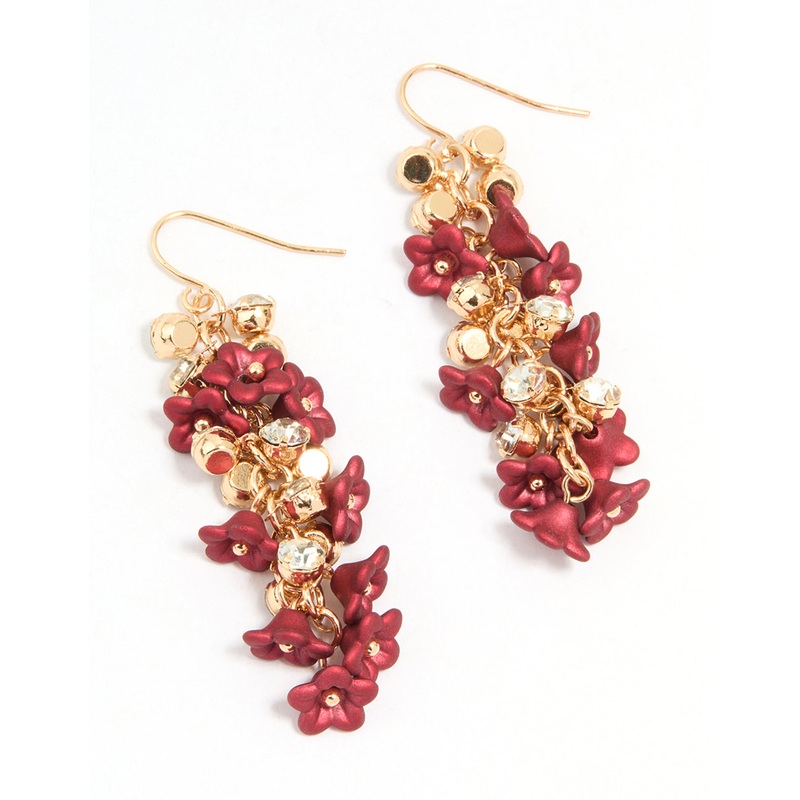 Gold Red Flowers Chain Drop Earrings