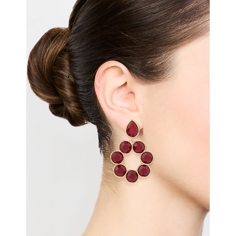 Gold Red Round Stone Drop Earrings