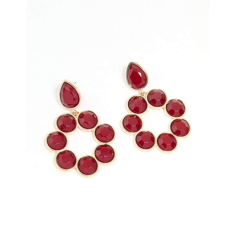 Gold Red Round Stone Drop Earrings