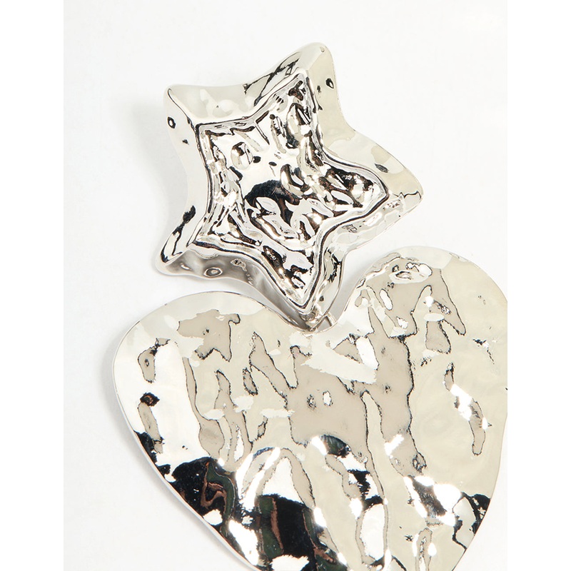 Silver Hammered Star Heart Drop Earrings