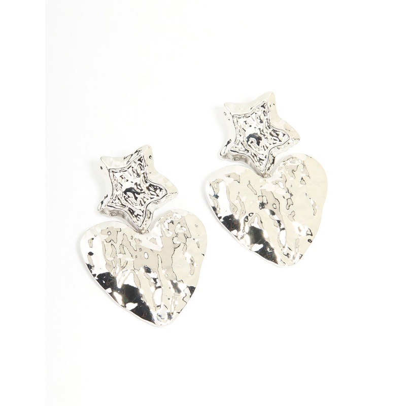 Silver Hammered Star Heart Drop Earrings