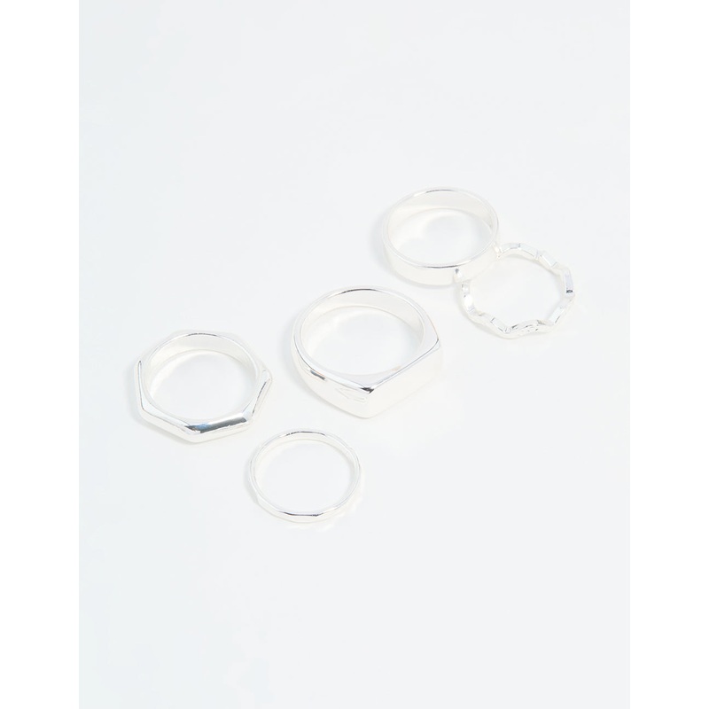 Silver Hexagon & Signet Rings 5-Pack
