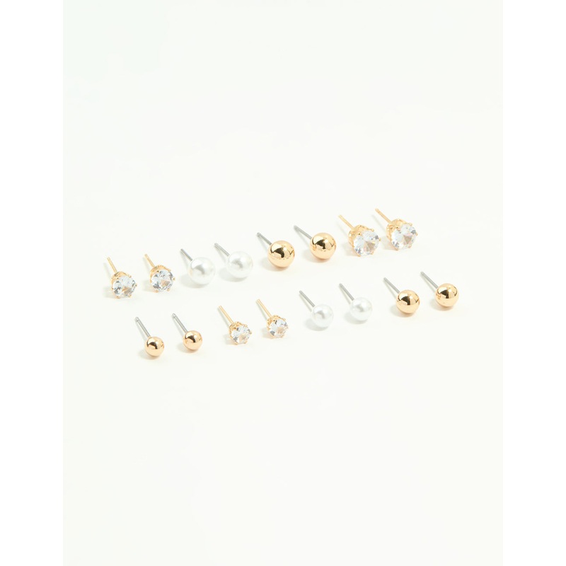 Gold Mixed Basic Stud Earrings 8-Pack