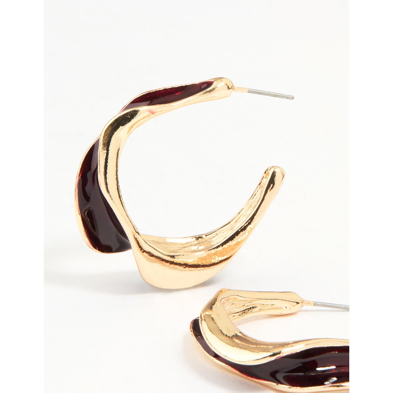 Gold Red Enamel Organic Hoop Earrings