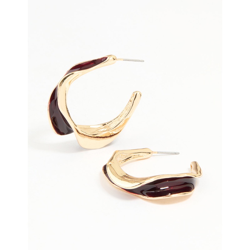 Gold Red Enamel Organic Hoop Earrings