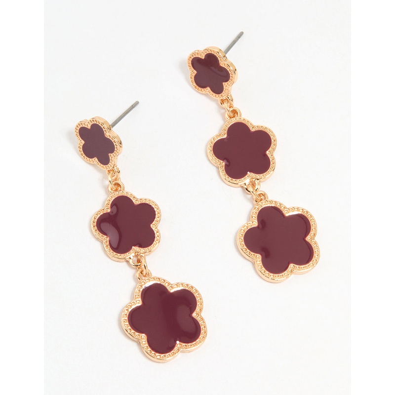 Gold Red Flower Drop Earrings