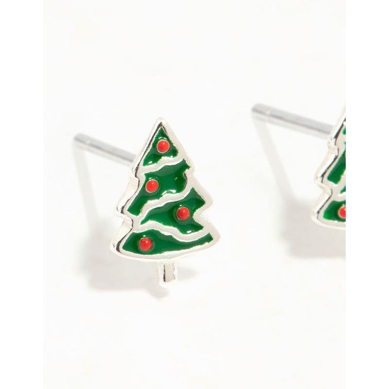 Green Enamel Sterling Silver Christmas Tree Stud Earrings