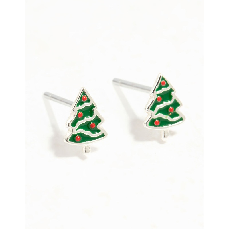 Green Enamel Sterling Silver Christmas Tree Stud Earrings