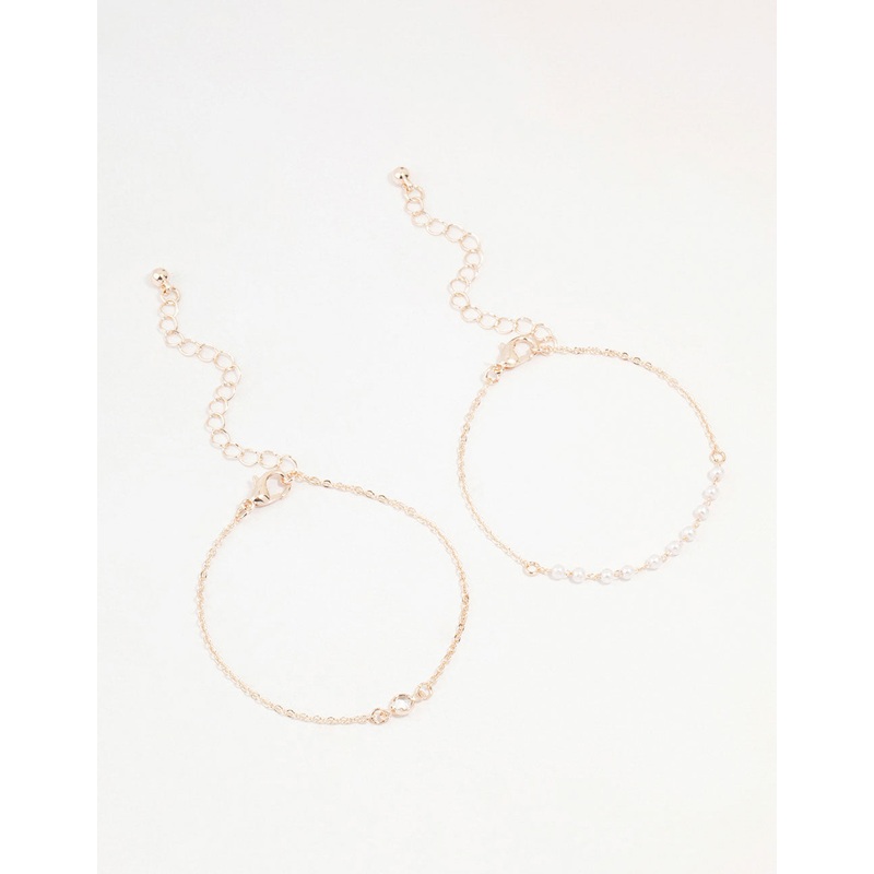 Rose Gold & Pearl Station Diamante Bracelets 2-Pack