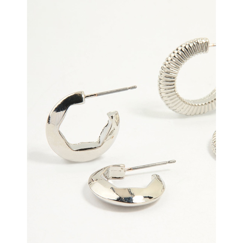 Silver Smooth & Ribbed Hoop Earrings 3- Pack