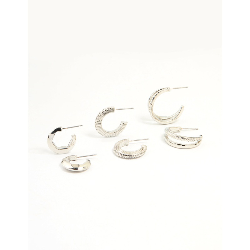 Silver Simple Diamante Half Hoop Earrings