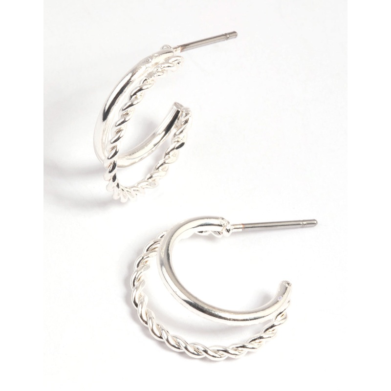 Silver Twisted Huggie Hoop Earrings
