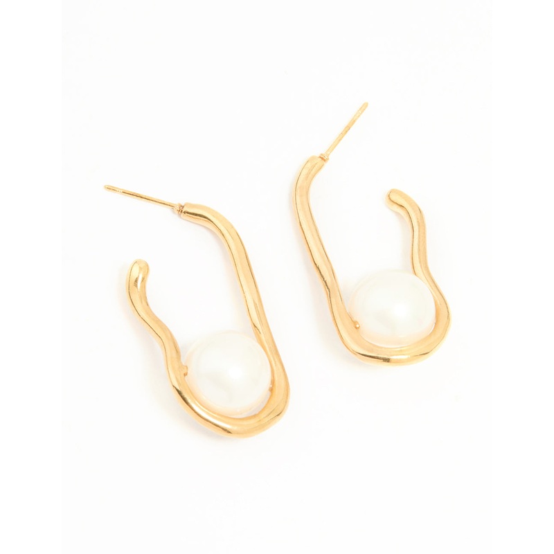 Waterproof Gold Plated Stainless Steel Pearl Twist Hoop Earrings
