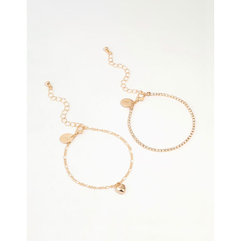 Gold Diamante Chain & Heart Bracelets 2-Pack