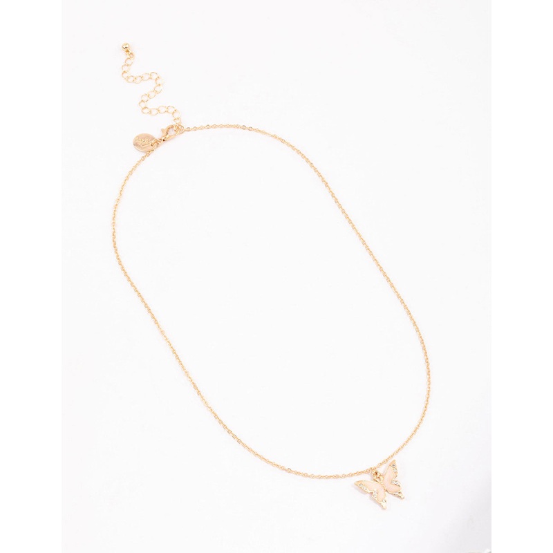 Gold Diamante & Enamel Butterfly Short Necklace