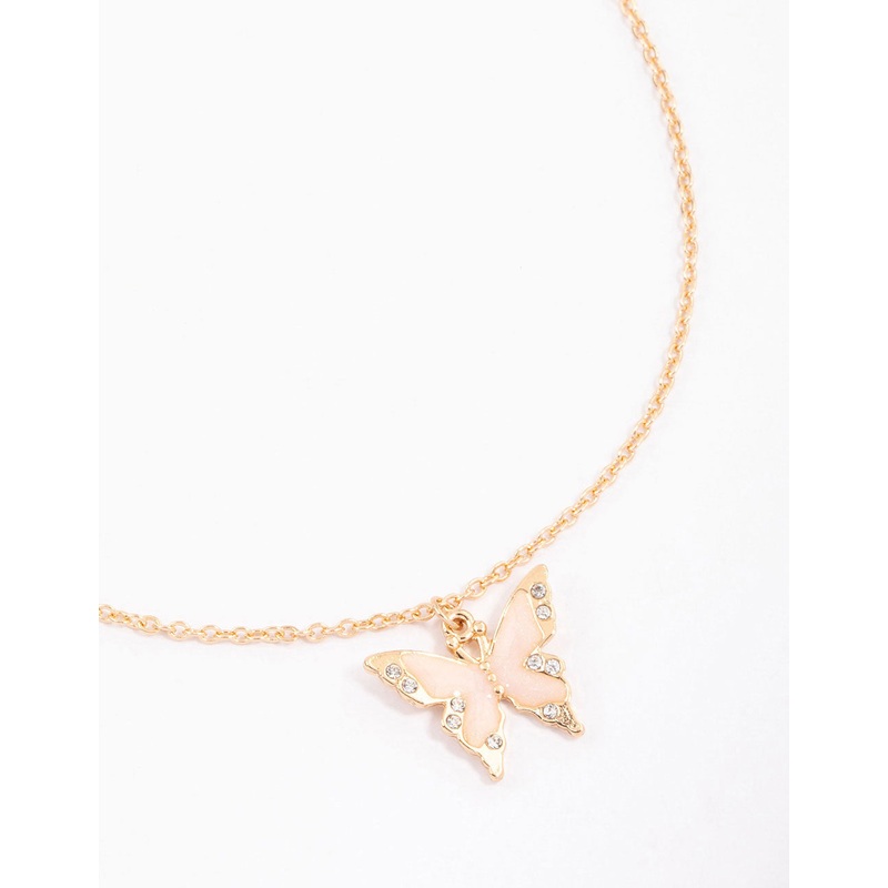 Gold Diamante & Enamel Butterfly Short Necklace