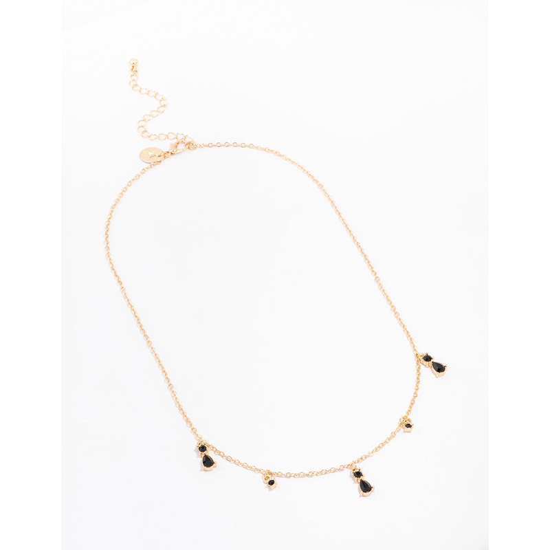 Gold Pear Black Droplet Necklace