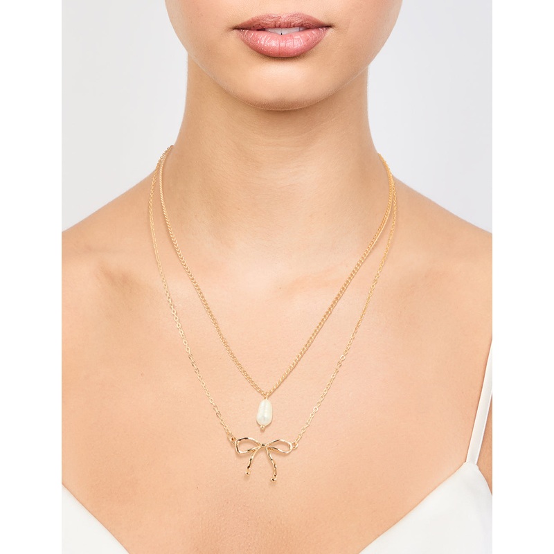 Gold Pearl & Bow Layered Necklace