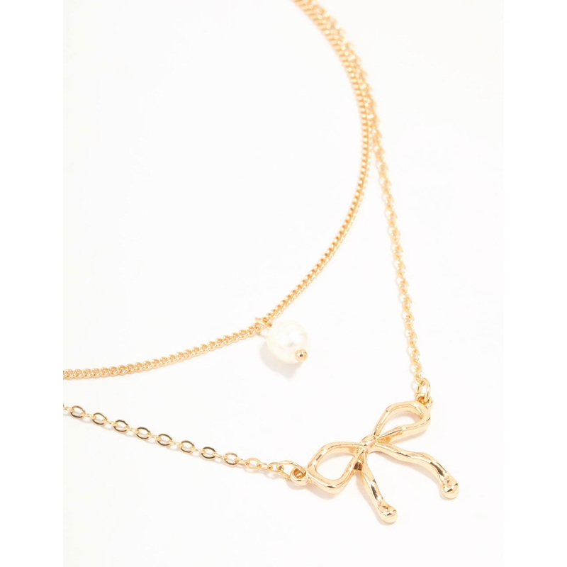 Gold Pearl & Bow Layered Necklace