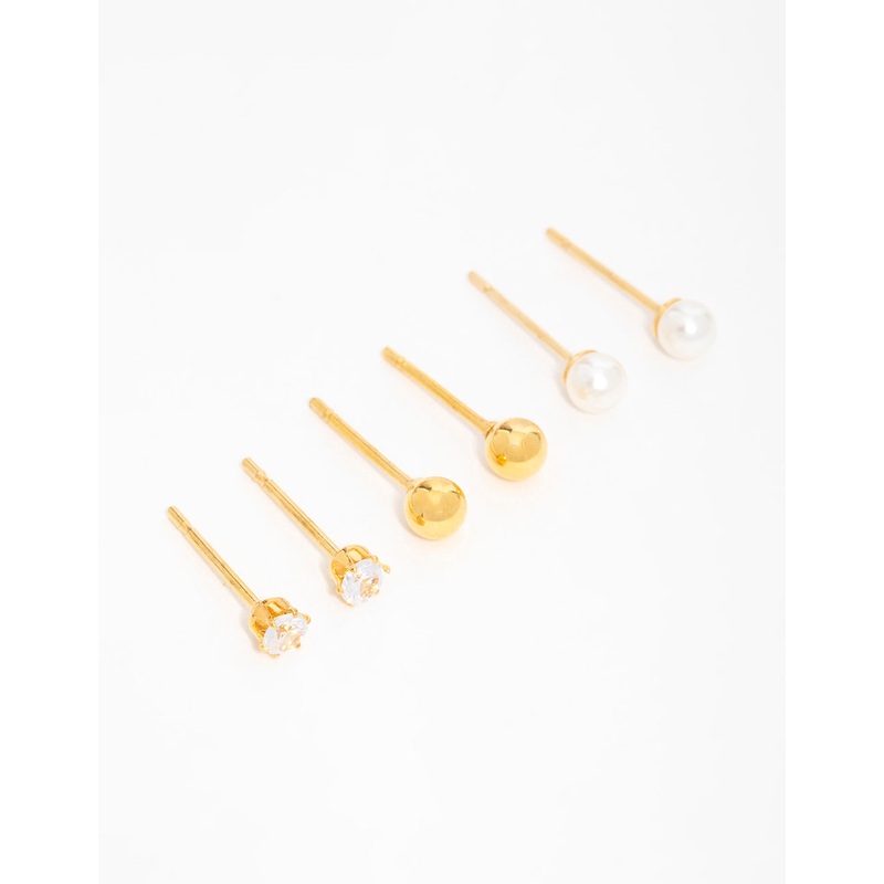 Gold Plated Surgical Steel Small Pearl & Cubic Zirconia Stud Earrings 3-Pack
