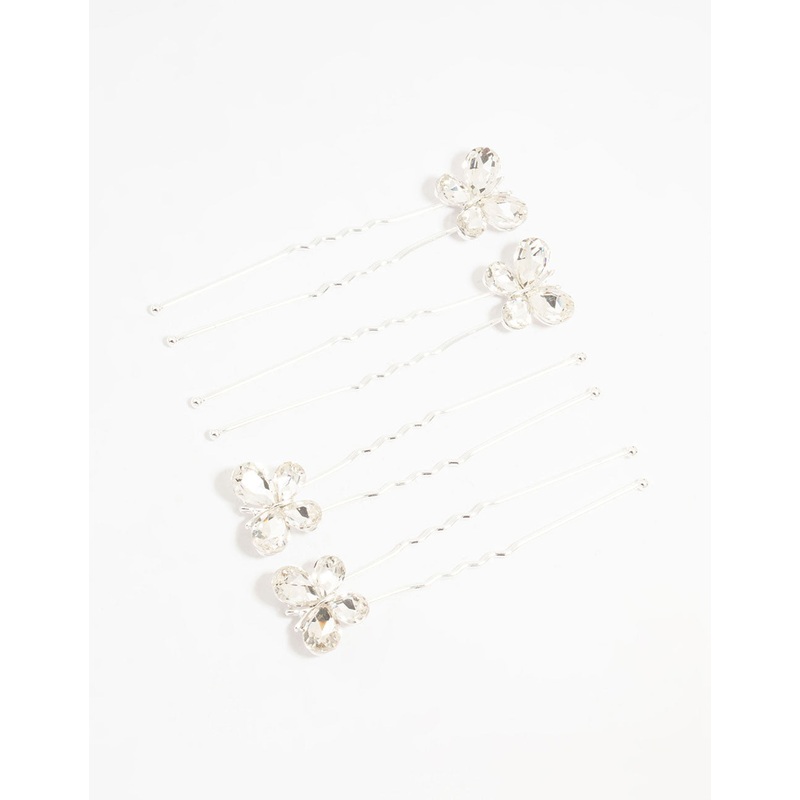 Silver Crystal Butterfly Bobby Pins 4-Pack