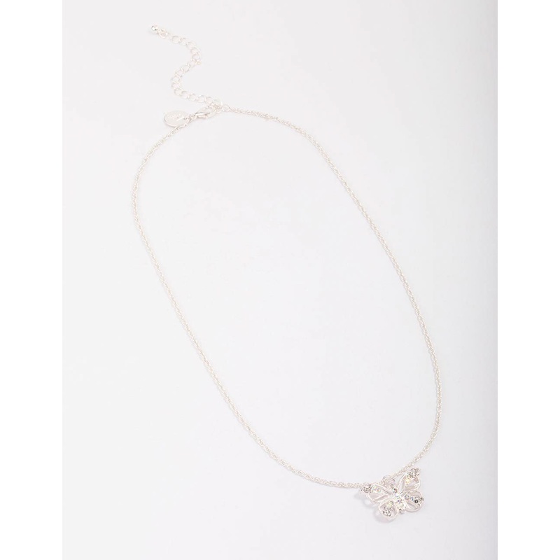 Silver Diamante Open Butterfly Pendant Necklace