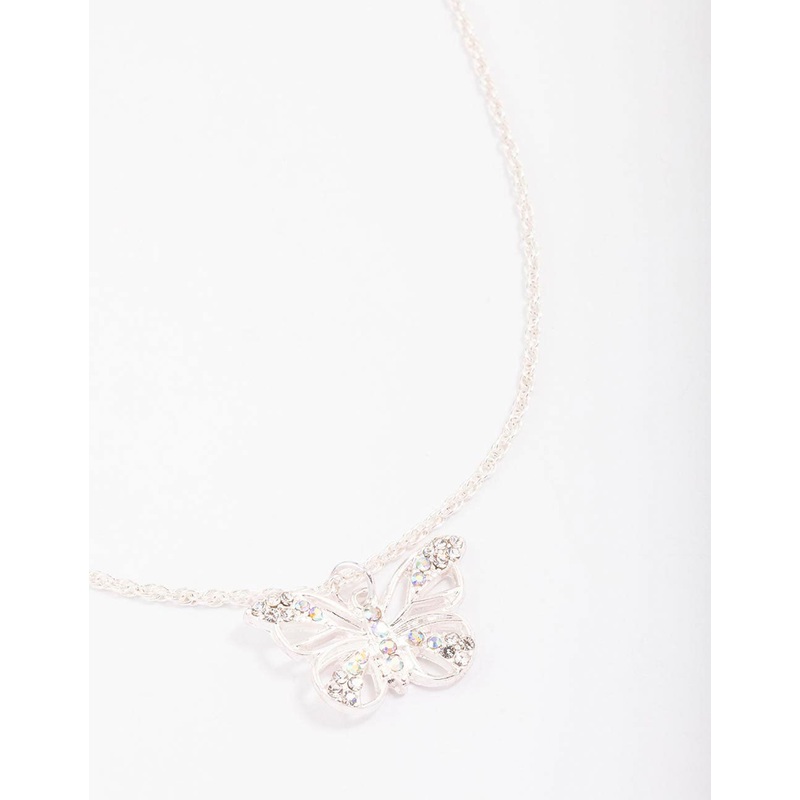 Silver Diamante Open Butterfly Pendant Necklace