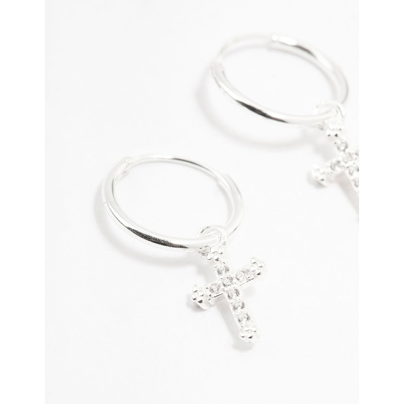 Sterling Silver Cubic Zirconia Cross Hoop Earrings