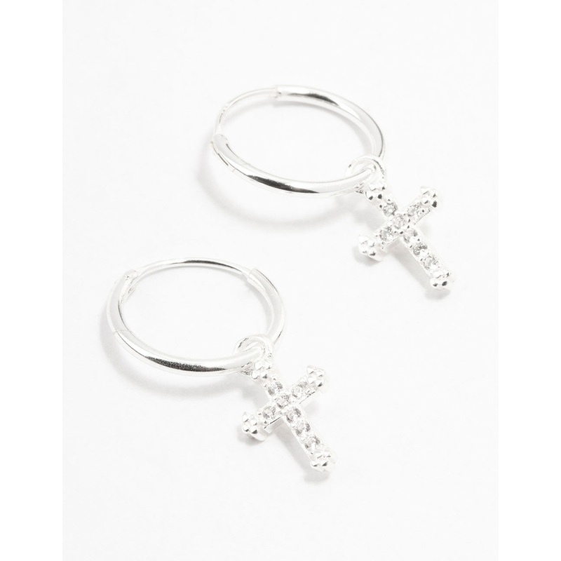 Sterling Silver Cubic Zirconia Cross Hoop Earrings