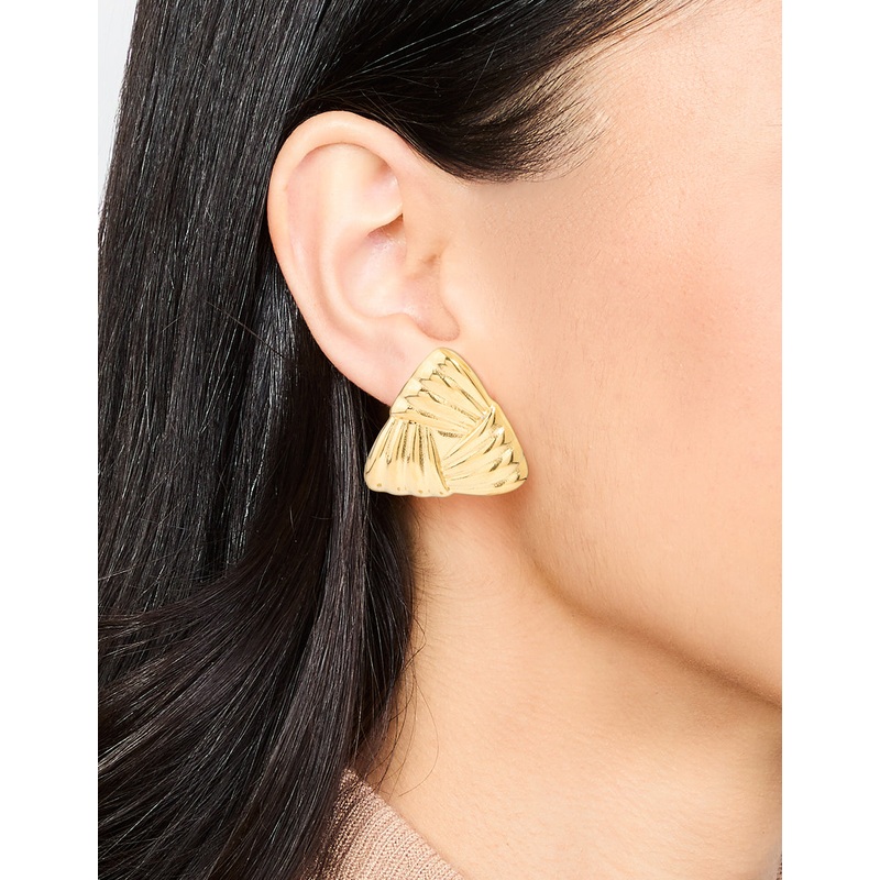 Waterproof Gold Plated Stainless Steel Ribbed Triangle Stud Earrings