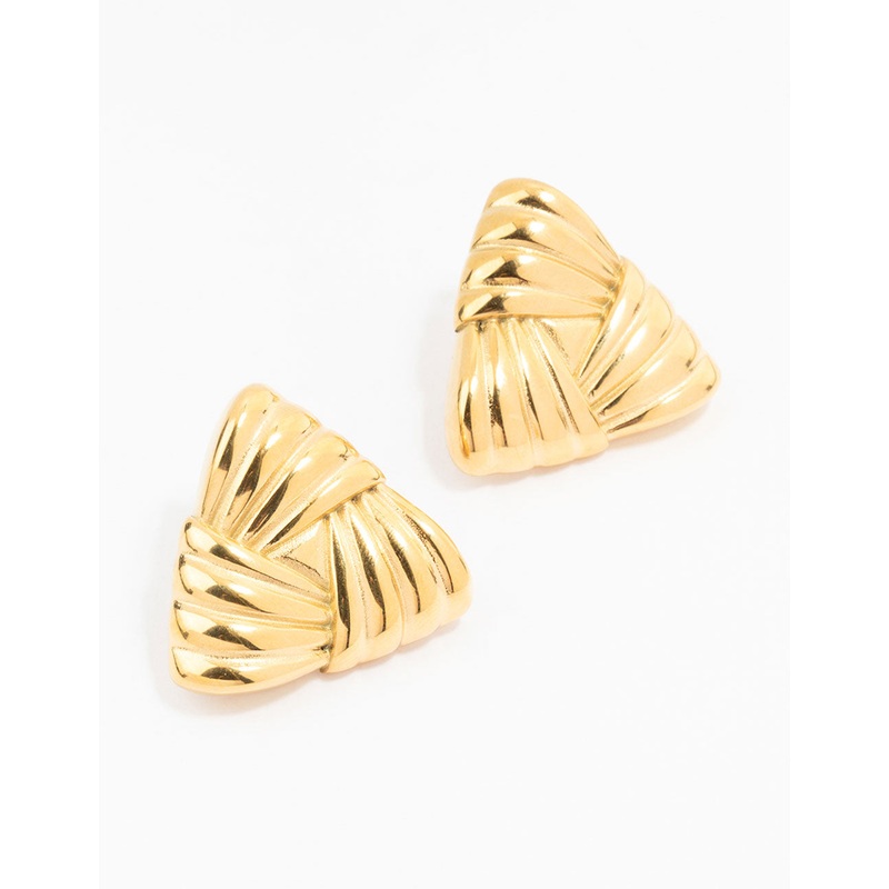 Waterproof Gold Plated Stainless Steel Ribbed Triangle Stud Earrings