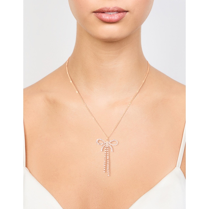 Gold Diamante Bow Drop Necklace