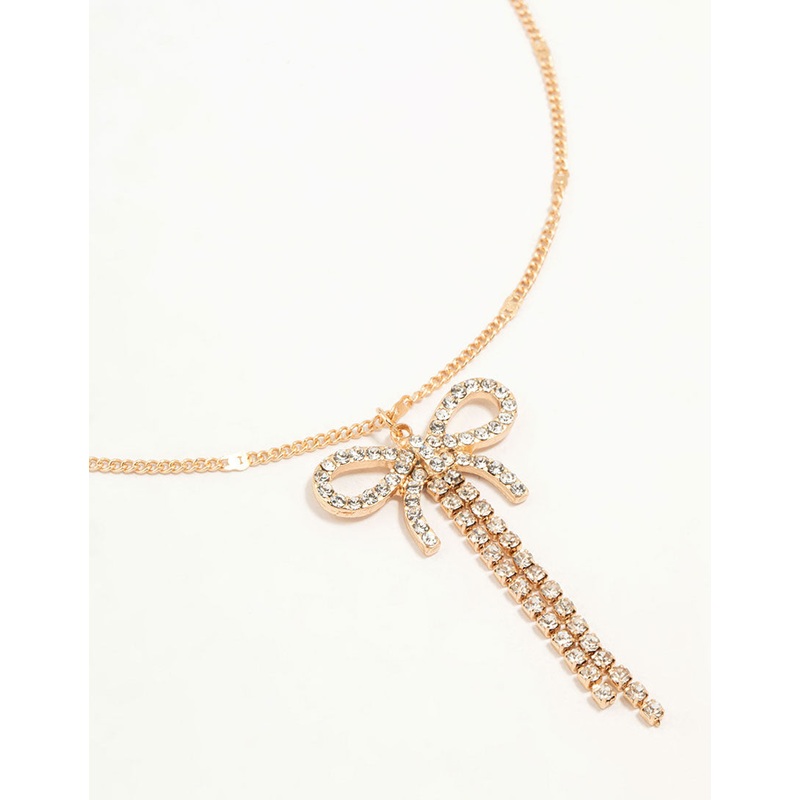 Gold Diamante Bow Drop Necklace