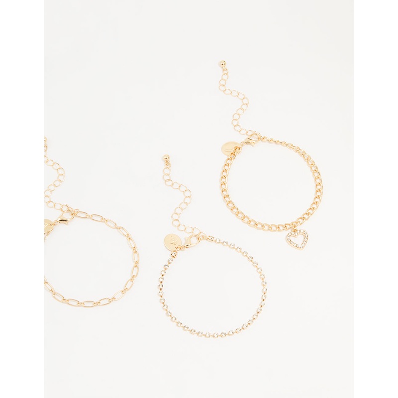 Gold Diamante Mixed Chain Heart Bracelets 3-Pack