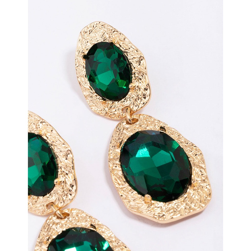 Gold Double Disc Emerald Drop Earrings