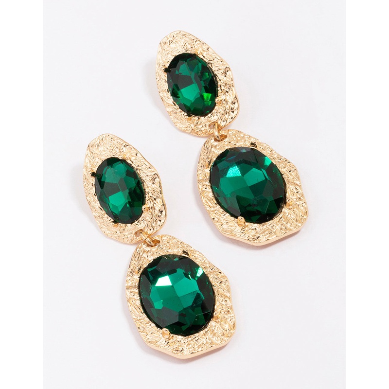 Gold Double Disc Emerald Drop Earrings
