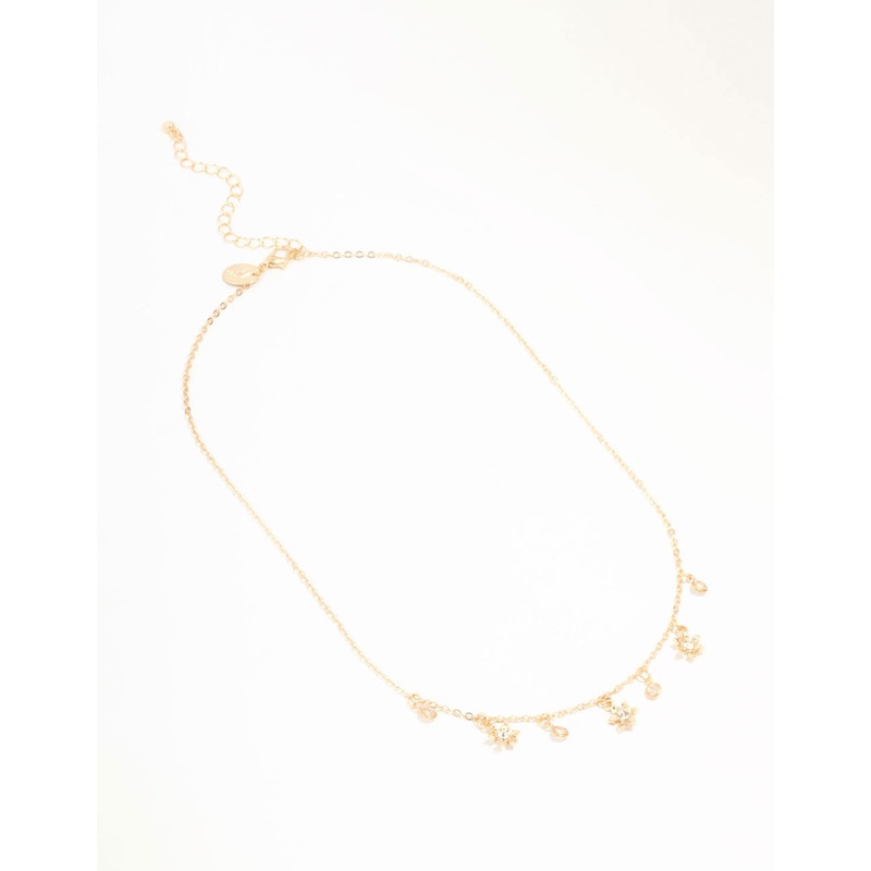 Gold Flower Diamante Droplet Necklace
