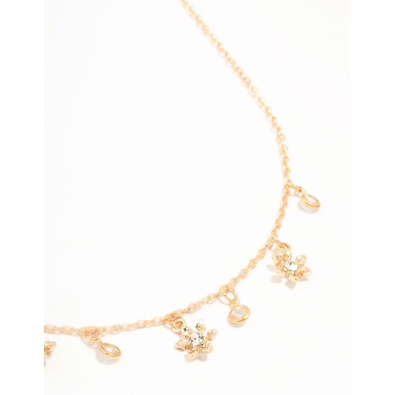 Gold Flower Diamante Droplet Necklace