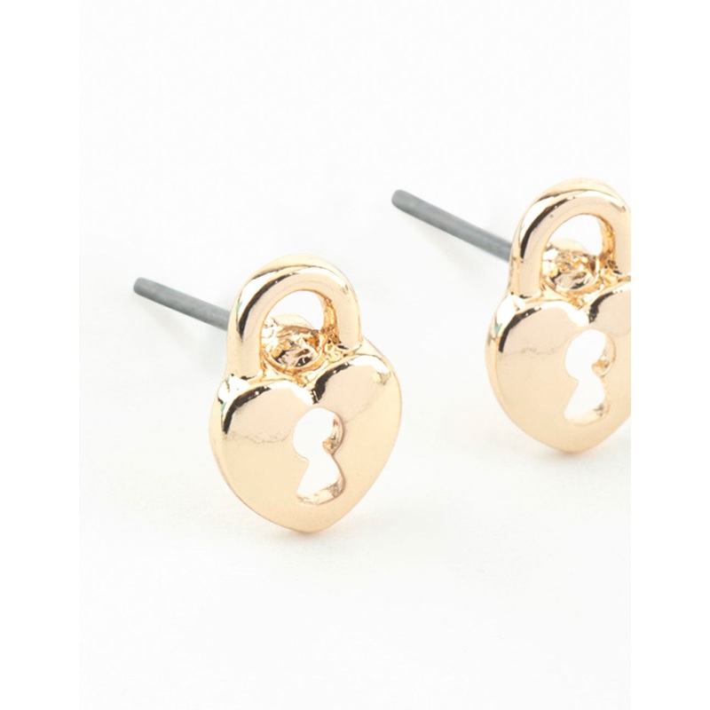 Gold Heart Lock Textured Stud Earrings
