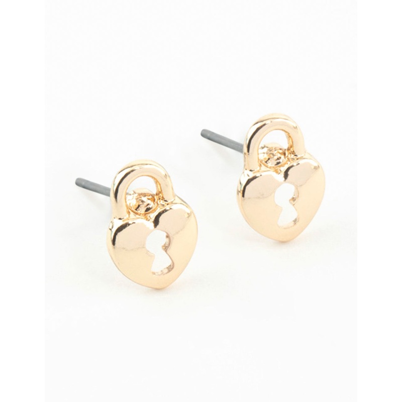 Gold Heart Lock Textured Stud Earrings