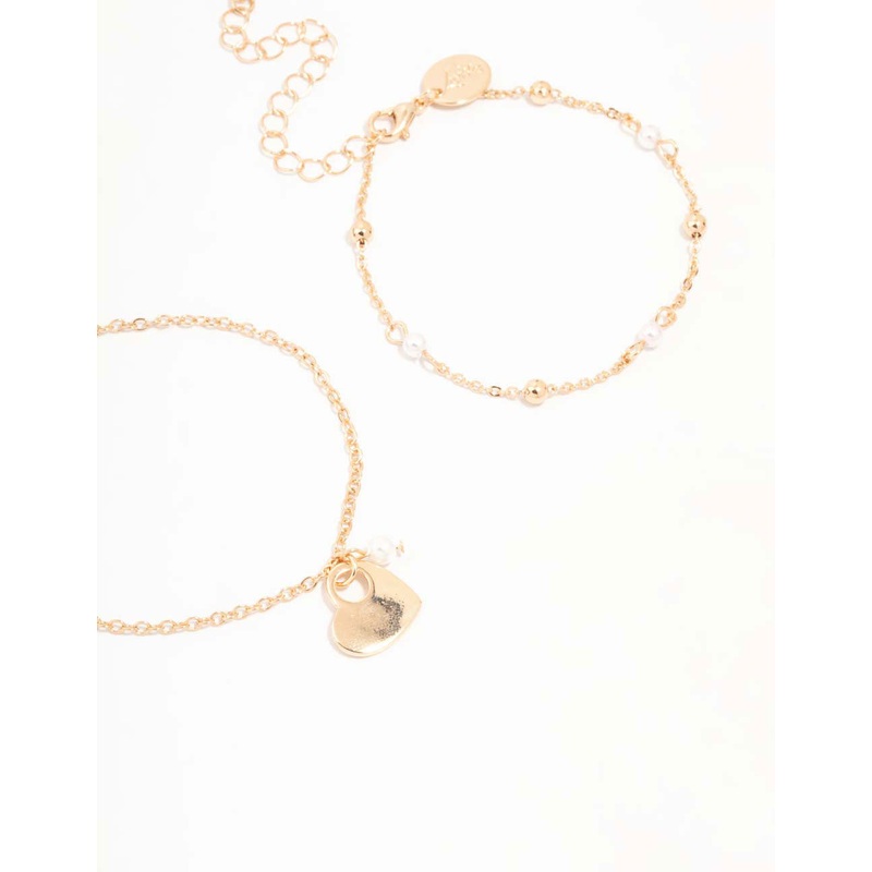 Gold Pearl & Heart Bracelets 2-Pack