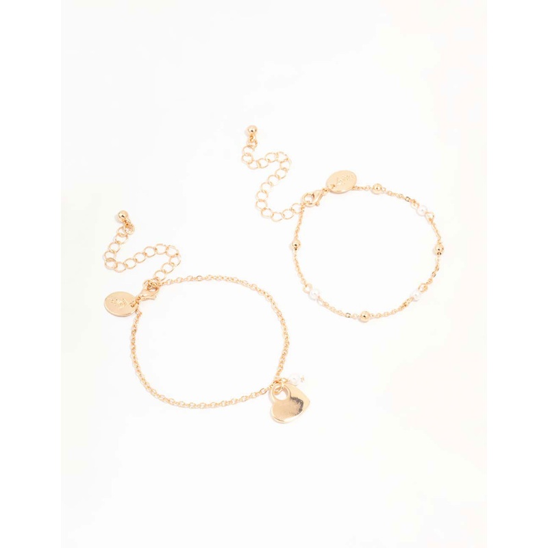 Gold Pearl & Heart Bracelets 2-Pack