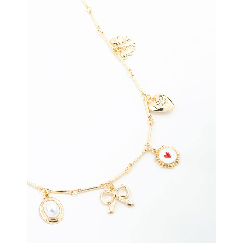 Gold Plated Heart & Bow Charm Necklace