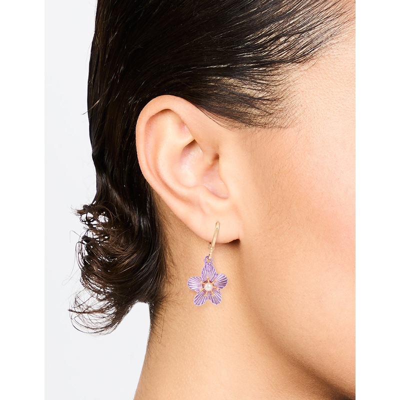 Gold Purple Pearl Flower Drop Earrings