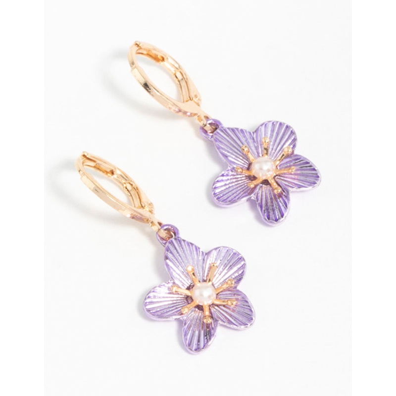 Gold Purple Pearl Flower Drop Earrings